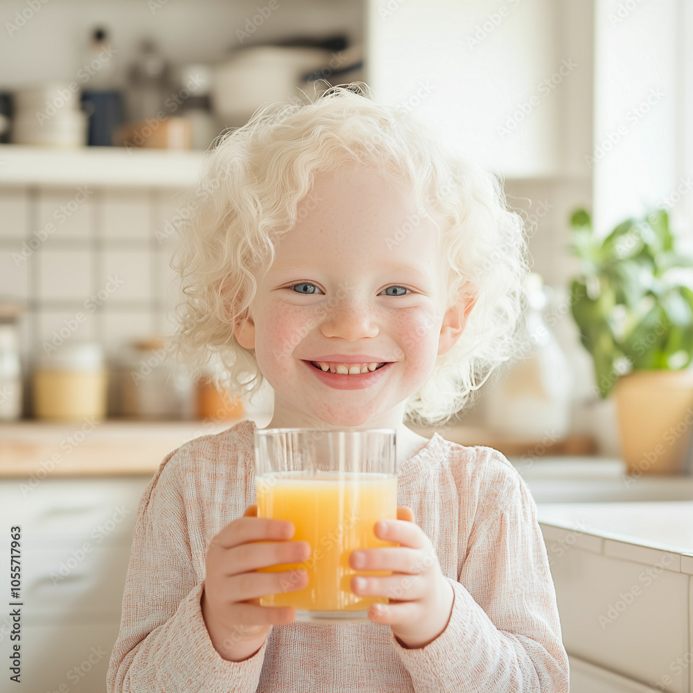 A cheerful albino child enjoying a glass of orange juice in a bright kitchen setting A cheerful albino child enjoying a glass of orange juice in a bright kitchen setting