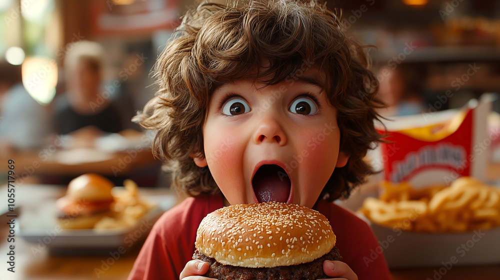 Cute little boy eating burger at fast food restaurant, closeup