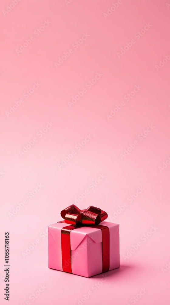 Elegant Pink Gift Box with Red Ribbon on Pink Background Elegant Pink Gift Box with Red Ribbon on Pink Background