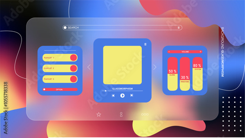 User interface for a music player app. Background gradient glassmorphism effect