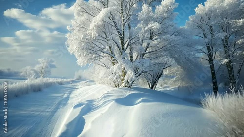 Snowy landscapes with vast white fields, untouched snow, and delicately snow-covered trees create a magical atmosphere of serenity and purity. . Video