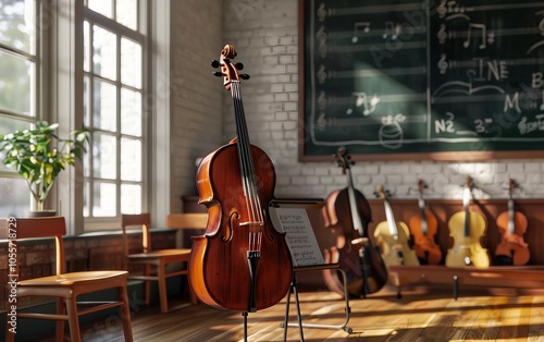 Artistic and Inviting Classroom Setting Featuring a Cello and Other String Instruments for Music Education or Creative Projects photo