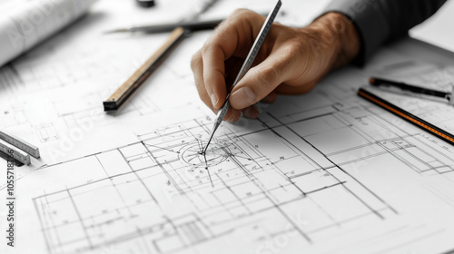 Architect's hand sketching detailed plans for a building project on large drafting paper