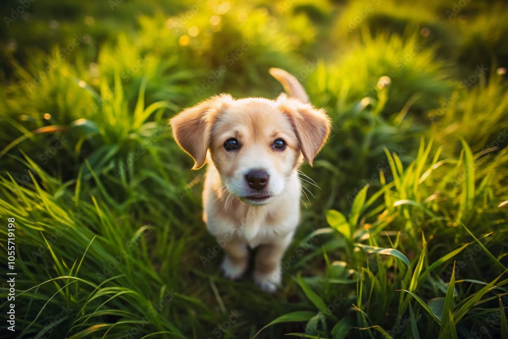Aerial View of Cute Puppy Playing in Green Grass - Canine Family Fun in Nature Aerial View of Cute Puppy Playing in Green Grass - Canine Family Fun in Nature