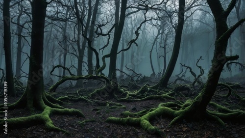 Obraz na plátně Misty forest with twisted trees and mossy roots.