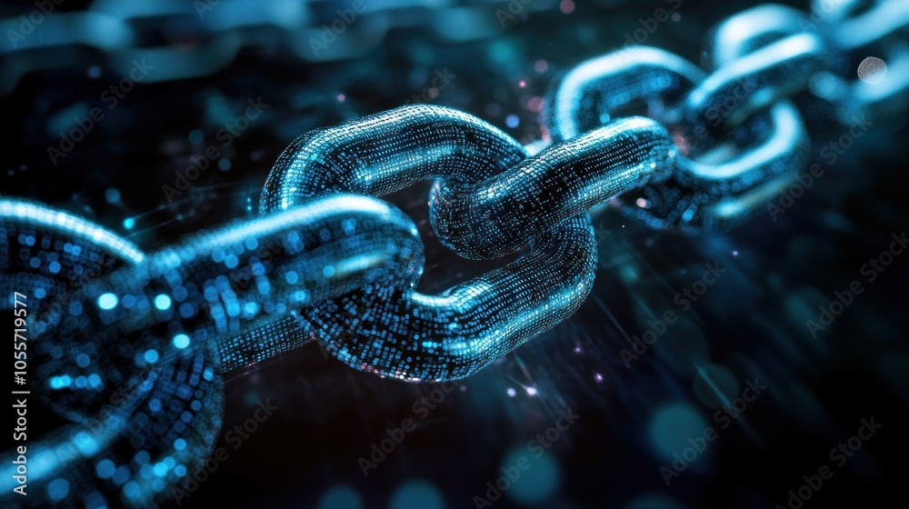 A digital chain made of binary code with sparkling particles. A digital chain made of binary code with sparkling particles.