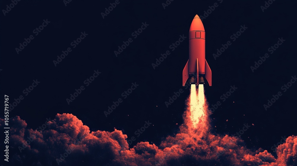 Launch of a red rocket isolated technology background Launch of a red rocket isolated technology background