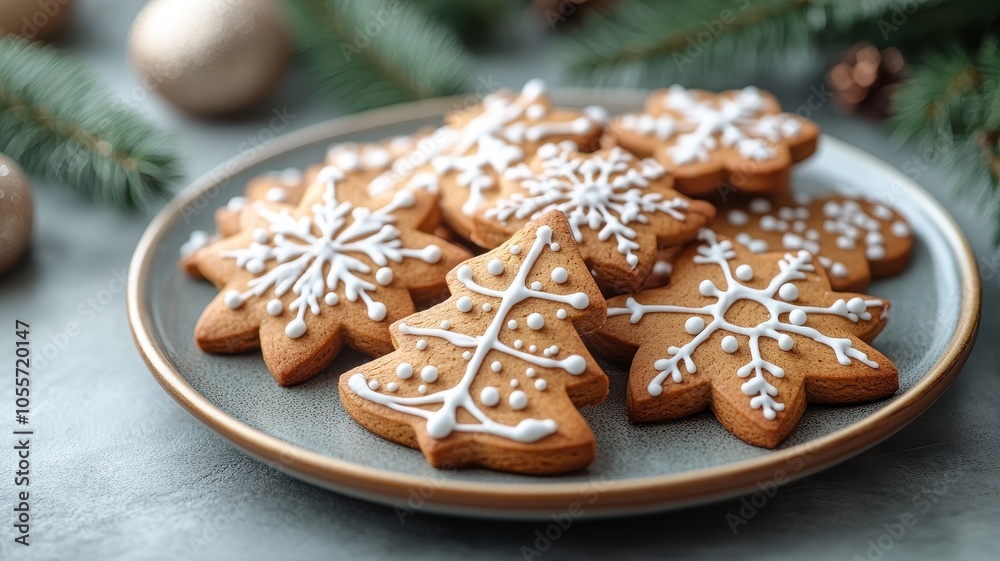 Plate of Christmas gingerbread cookies with festive icing decoration. Holiday baking concept. Plate of Christmas gingerbread cookies with festive icing decoration. Holiday baking concept.