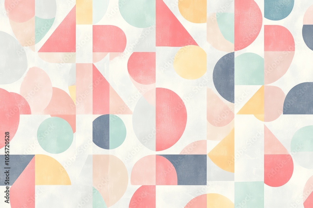 A design featuring irregular geometric shapes, with pastel-colored triangles, squares, and circles creating a gentle, flowing pattern that feels organic and balanced