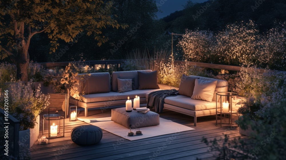 Cozy Outdoor Patio at Night with Warm Lighting and Comfortable Seating Cozy Outdoor Patio at Night with Warm Lighting and Comfortable Seating