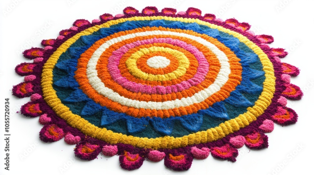 Detailed rangoli with concentric circles and vibrant colors, representing joy and positivity, isolated on white Detailed rangoli with concentric circles and vibrant colors, representing joy and positivity, isolated on white