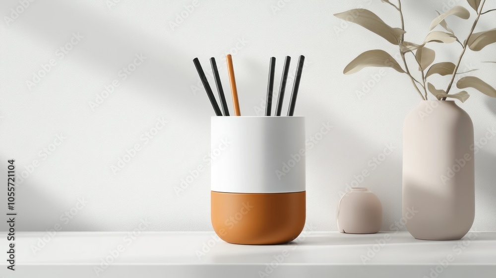 Minimalist Still Life with Vases and Sticks on a White Shelf Minimalist Still Life with Vases and Sticks on a White Shelf