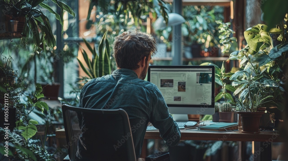 Man working at a computer surrounded by lush indoor plants Man working at a computer surrounded by lush indoor plants