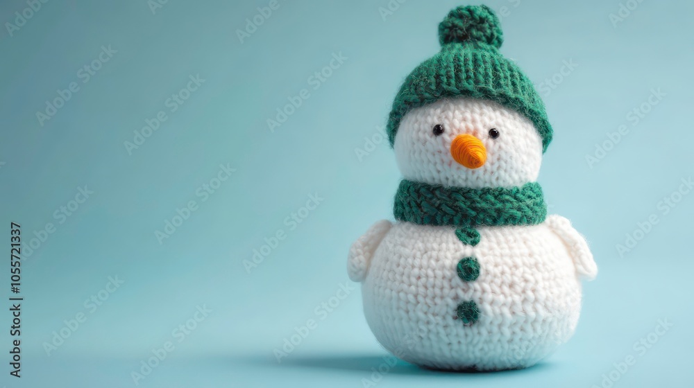 A cute crocheted snowman wearing a green hat and scarf, perfect for winter decor.