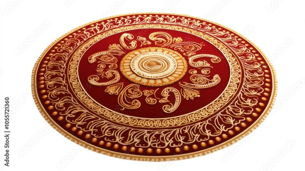 Naklejka premium Elegant rangoli in red and gold tones with paisley details, highlighting Indian culture, isolated on white