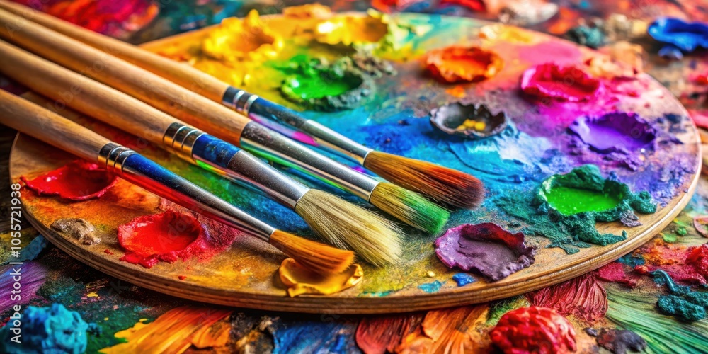 Naklejka premium Vibrant and colorful mixed paints on art palette with assorted paintbrushes
