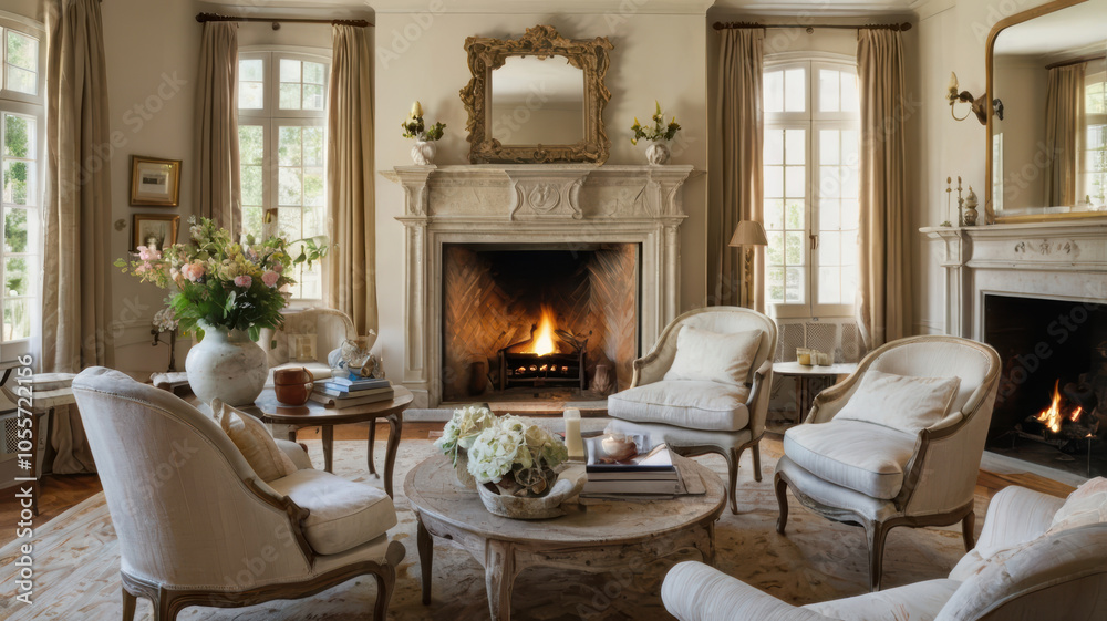 Bright and airy living room featuring elegant chairs, cozy fireplace, and tasteful decor. warm ambiance invites relaxation and comfort in stylish setting Bright and airy living room featuring elegant chairs, cozy fireplace, and tasteful decor. warm ambiance invites relaxation and comfort in stylish setting