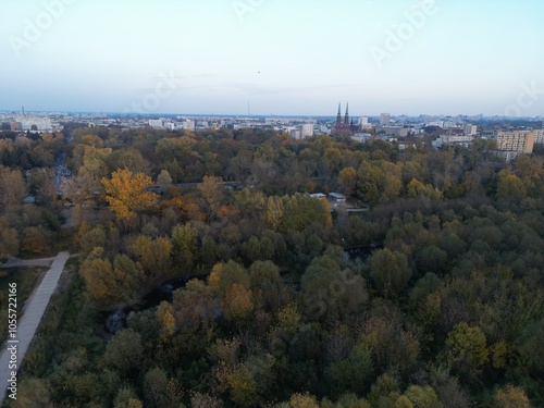 Autumn Park Against City Skyline in Morning or Evening Light