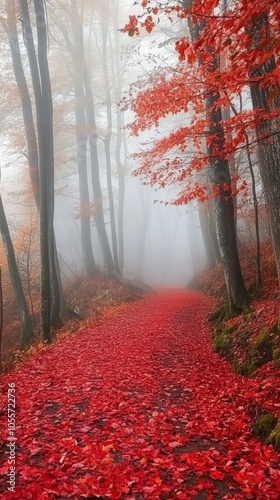misty autumn morning in a dense forest, orange and red leaves on trees, a path covered with fallen leaves