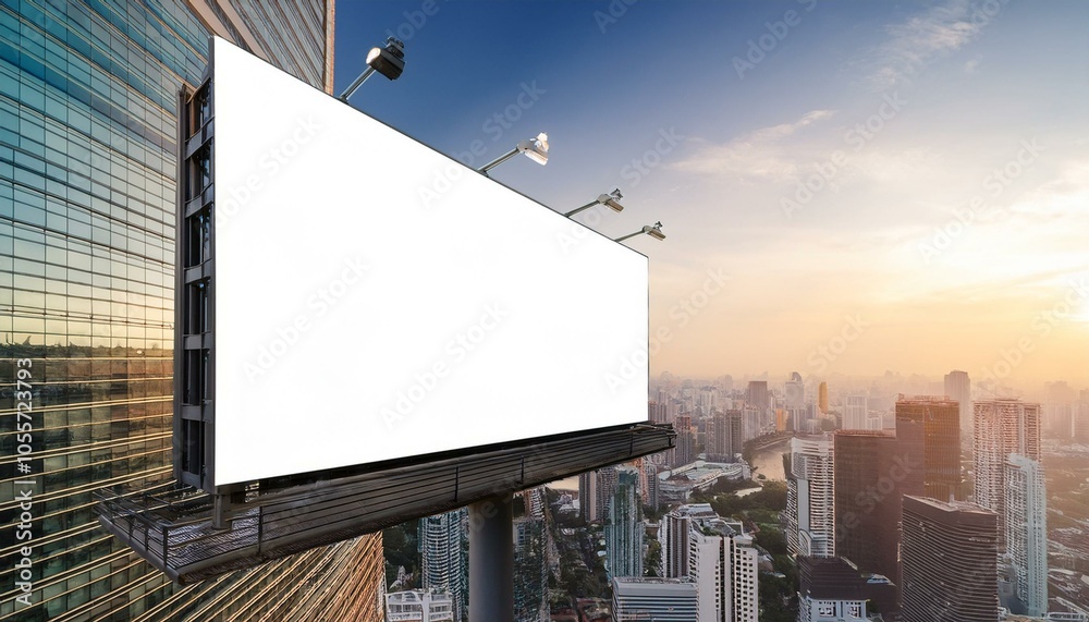 Blank billboard on a tall building in an urban cityscape background. Blank billboard on a tall building in an urban cityscape background.