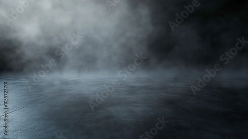 A misty, dark space with a reflective surface, creating a moody atmosphere.