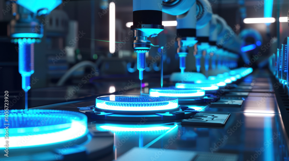 Futuristic lab scene with AI powered robots performing precise tasks. vibrant blue lighting enhances advanced technology atmosphere, showcasing innovation and efficiency Futuristic lab scene with AI powered robots performing precise tasks. vibrant blue lighting enhances advanced technology atmosphere, showcasing innovation and efficiency
