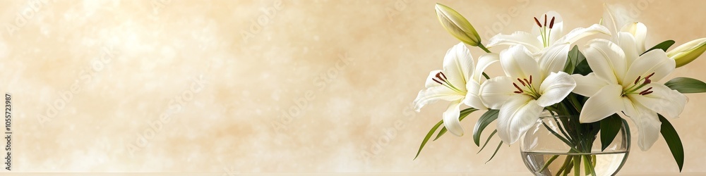 Elegant lily arrangement in a glass vase against a neutral background, capturing soft shadows and delicate lighting. This serene floral display emphasizes the beauty of white lilies, showcasing their Elegant lily arrangement in a glass vase against a neutral background, capturing soft shadows and delicate lighting. This serene floral display emphasizes the beauty of white lilies, showcasing their