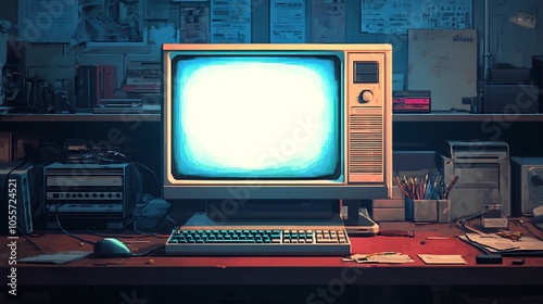 Retro computer monitor with pixelated screen displayed in high detail creating a nostalgic atmosphere