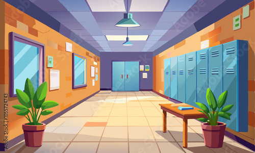 Download Cartoon School Hallway Interior With Metal Lockers, Ceiling Lights, Bench And Bulletin Board On Wall. Vector Illustration . This Design Concept Isolated Premium Vector. 