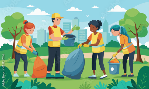 Download Flat Volunteers Collecting Different Garbage, Pick Up Rubbish In Public Park.  Vector Illustration . This Design Concept Isolated Premium Vector. 