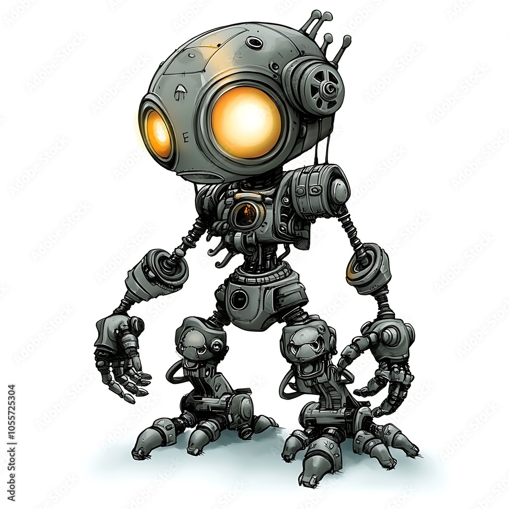 Cartoon cyborg with glowing eyes and mechanical limbs on a white background. Cartoon cyborg with glowing eyes and mechanical limbs on a white background.