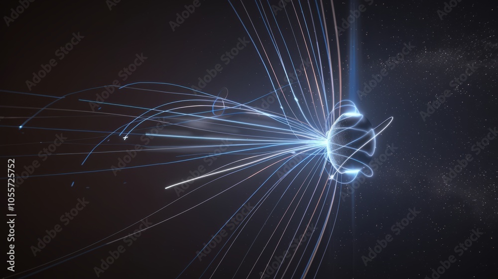 Abstract morphologic description Magnetic flow with luminous lines and arrows to represent magnetic flow around a central object in dark empty space
Abstract morphologic description Magnetic flow with luminous lines and arrows to represent magnetic flow around a central object in dark empty space