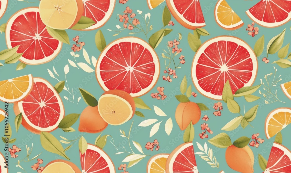 Citrus Fruit Pattern on Teal Background