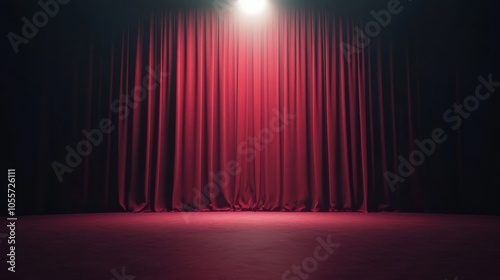 Red Stage Curtain with Spotlight in Dark Theater photo