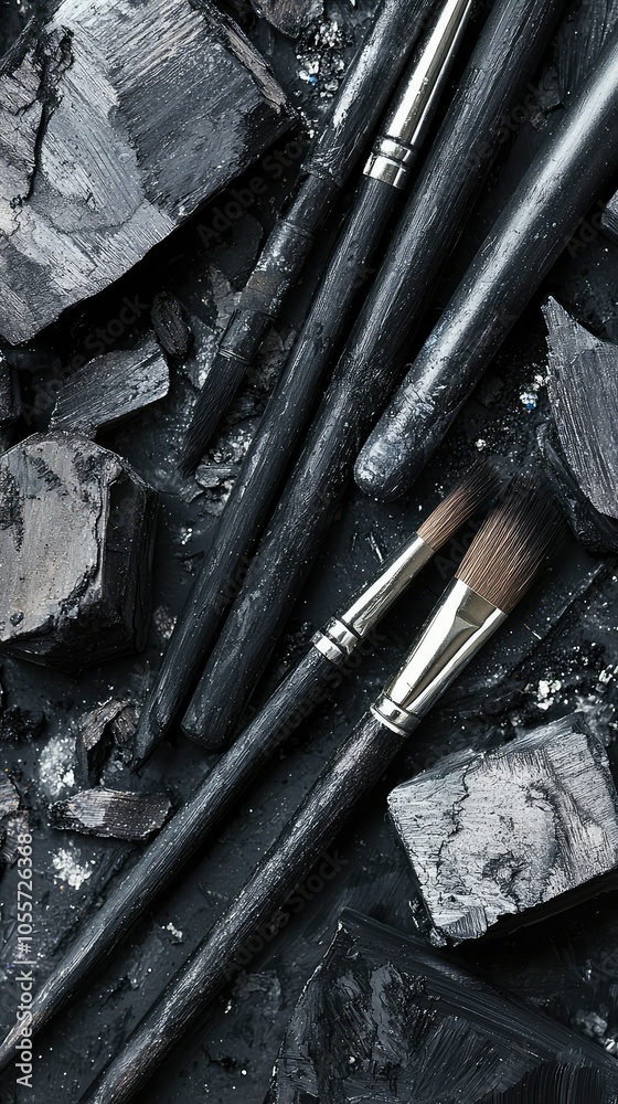 Charcoal Art Supplies on Dark Background Charcoal Art Supplies on Dark Background