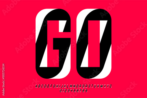 GO. Sport style font, alphabet letters and numbers vector illustration