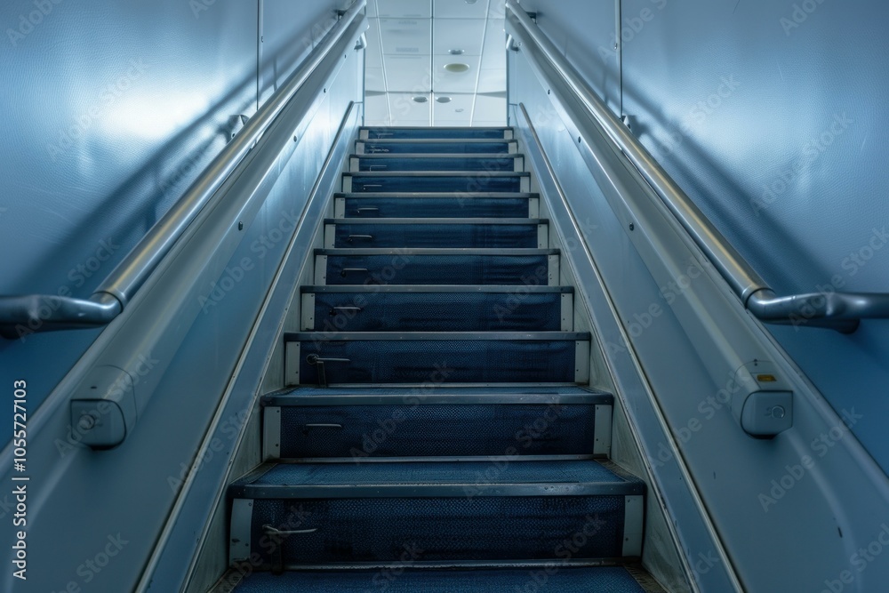 Blue carpeted staircase leading upwards in a modern building with metal handrails Blue carpeted staircase leading upwards in a modern building with metal handrails