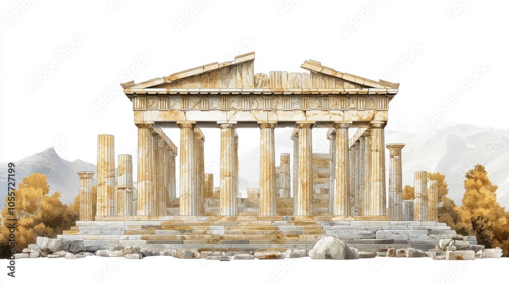 Obraz premium Iconic Acropolis in Athens illustrated with marble textures, symbolizing ancient Greek history, isolated on white