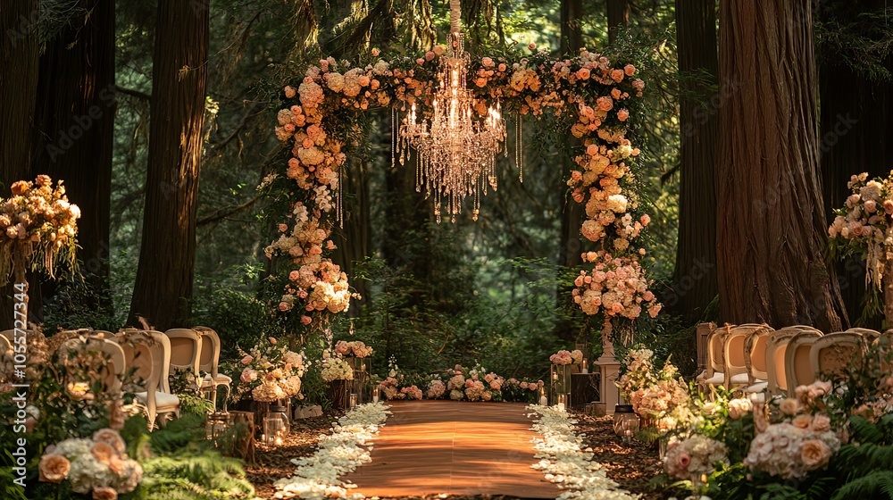Romantic Forest Wedding Ceremony with Floral Arch and Chandelier Romantic Forest Wedding Ceremony with Floral Arch and Chandelier