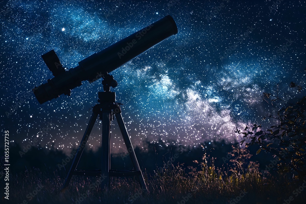 Stargazing at night with a telescope under the clear sky Stargazing at night with a telescope under the clear sky