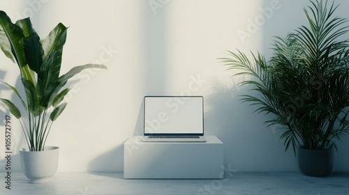 Laptop on a White Table with Two Indoor Plants