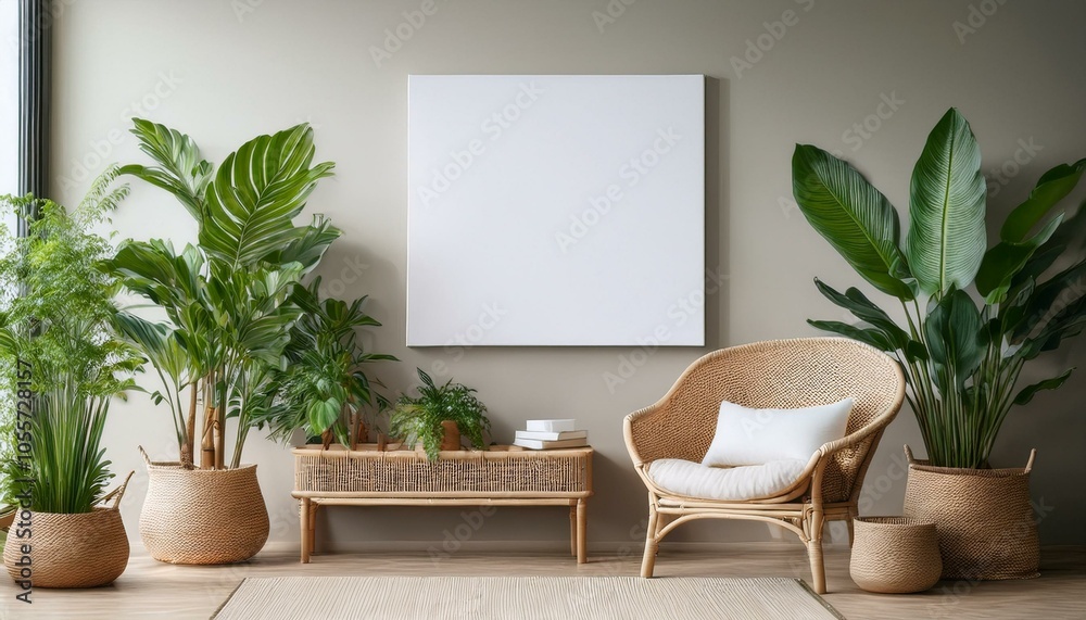 Blank canvas on wall surrounded by green plants and wicker furniture in bright room. Blank canvas on wall surrounded by green plants and wicker furniture in bright room.