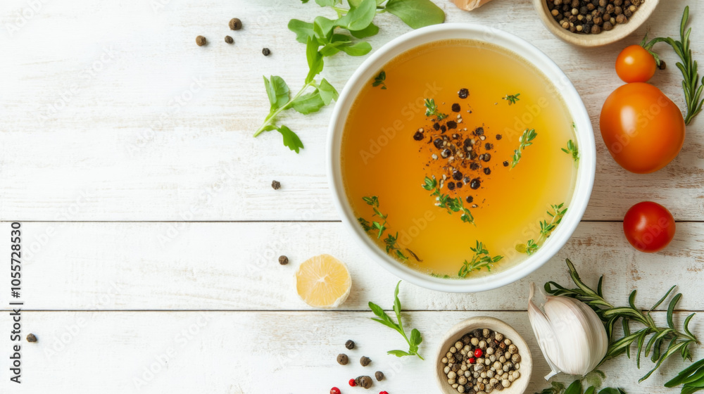 Bowl of Bone Broth with Fresh Herbs on White Background