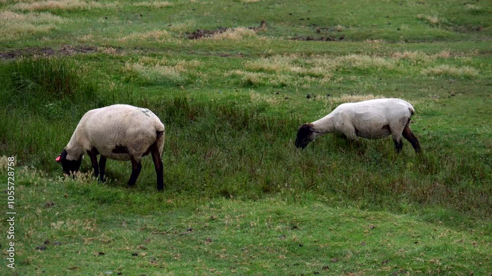 Sheep grazing in a green field. Wild nature. Slow motion 4K Sheep grazing in a green field. Wild nature. Slow motion 4K