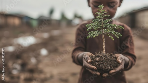 A child holding a handmedown toy under a sparse Christmas tree, symbolizing hope amid poverty photo