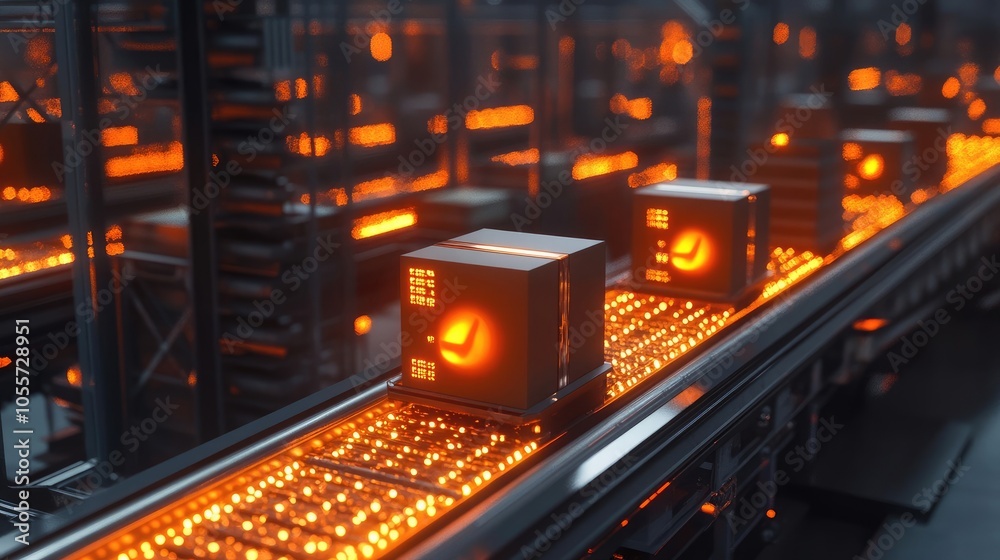 3D Rendering of Glowing Boxes on Conveyor Belt in Warehouse, Technology and Logistics Concept with Holographic Elements 3D Rendering of Glowing Boxes on Conveyor Belt in Warehouse, Technology and Logistics Concept with Holographic Elements