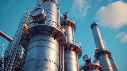 Industrial landscape showcasing modern processing towers under clear blue skies with innovative engineering and design elements