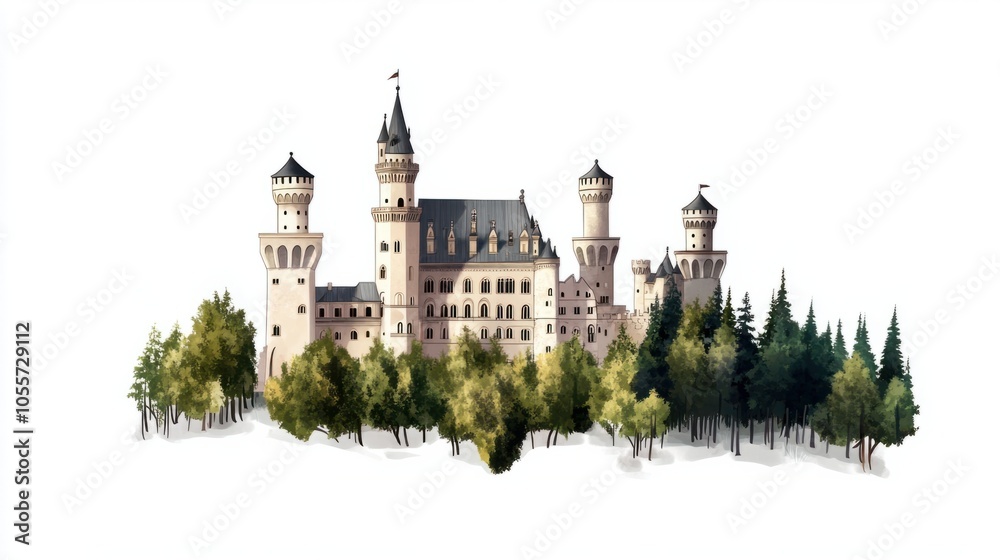 Soft, dreamy illustration of the Castle in Germany with lush trees, isolated on white Soft, dreamy illustration of the Castle in Germany with lush trees, isolated on white