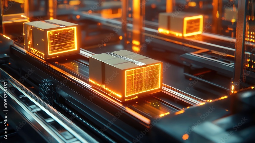 3D Rendering of Glowing Boxes on Conveyor Belt in Warehouse, Technology and Logistics Concept with Holographic Elements 3D Rendering of Glowing Boxes on Conveyor Belt in Warehouse, Technology and Logistics Concept with Holographic Elements
