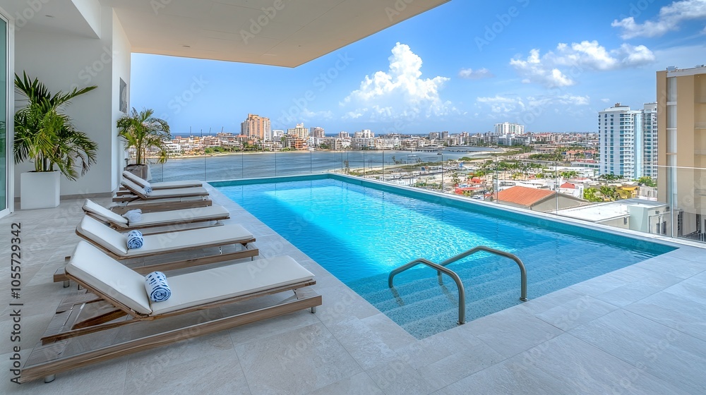 Rooftop with Infinity Pool and Ocean View: A penthouse rooftop featuring an infinity pool blending with the horizon, overlooking the ocean, with modern chaise lounges and glass railings for an open Rooftop with Infinity Pool and Ocean View: A penthouse rooftop featuring an infinity pool blending with the horizon, overlooking the ocean, with modern chaise lounges and glass railings for an open